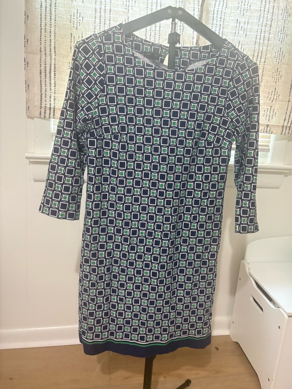 Talbots Women's Geometric Print Shift Dress in Navy and Green